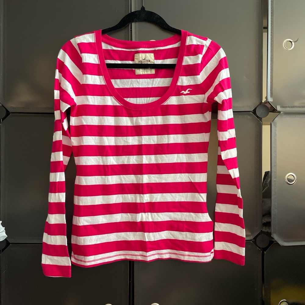 Hollister Pink and White Striped Long Sleeve Top
